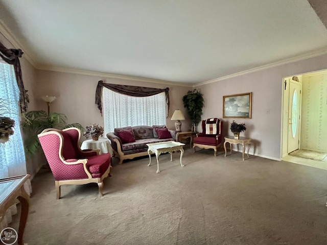 living room with ornamental molding and carpet floors