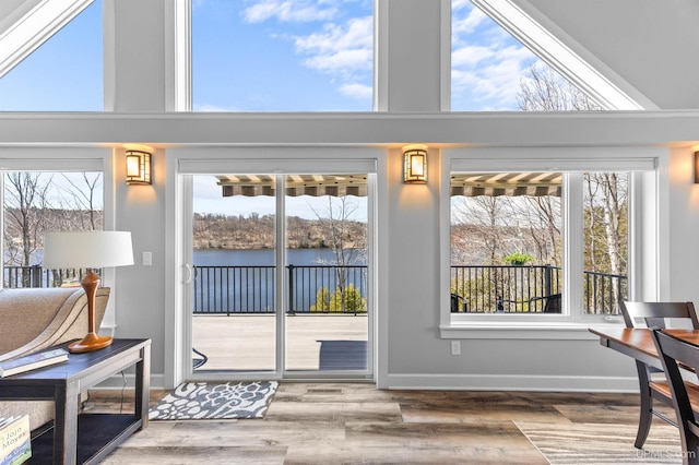 entryway with plenty of natural light, a water view, and wood finished floors