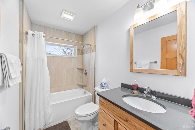 full bath with toilet, vanity, visible vents, and shower / bathtub combination with curtain