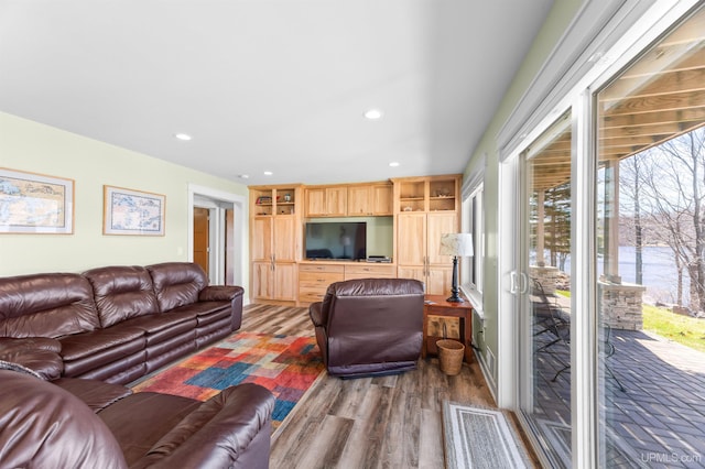 living room with recessed lighting and wood finished floors