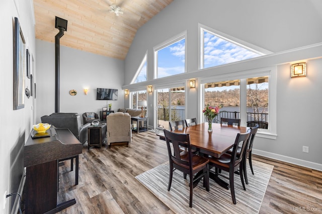 dining area with wood ceiling, wood finished floors, high vaulted ceiling, baseboards, and a wood stove