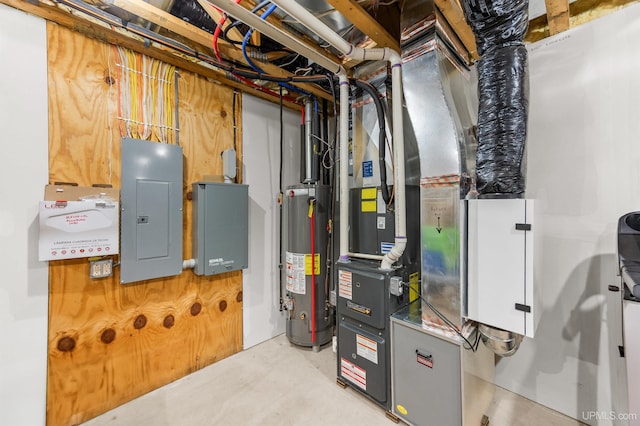 utility room featuring water heater and electric panel