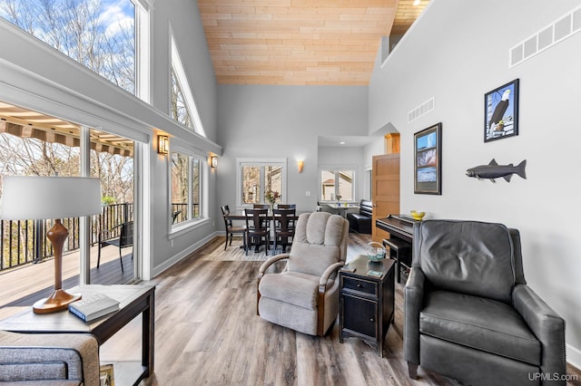 living room featuring wood ceiling, high vaulted ceiling, and visible vents