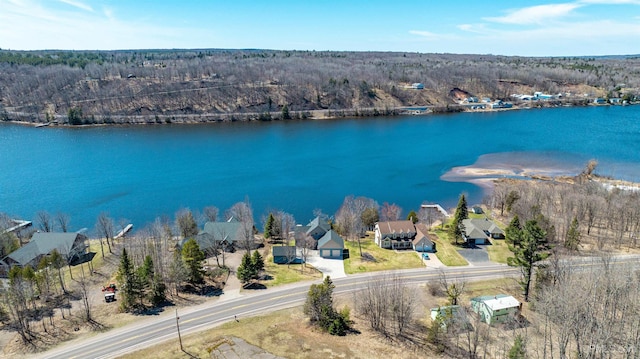 birds eye view of property featuring a water view, a view of trees, and a residential view