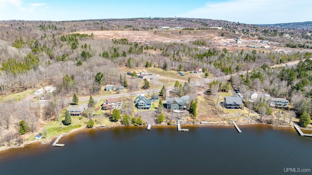 drone / aerial view with a water view