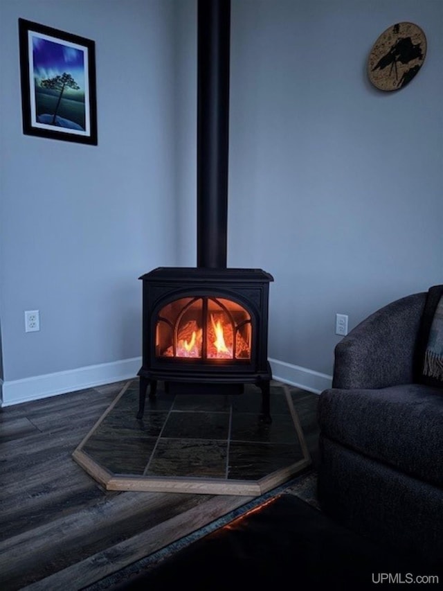 interior details featuring a wood stove, baseboards, and wood finished floors