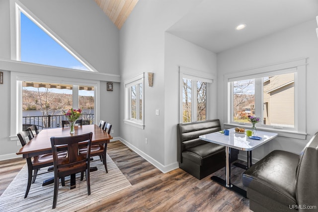 dining space featuring vaulted ceiling, baseboards, plenty of natural light, and wood finished floors