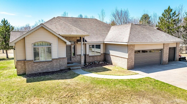 ranch-style house with brick siding, driveway, a garage, a front yard, and a shingled roof