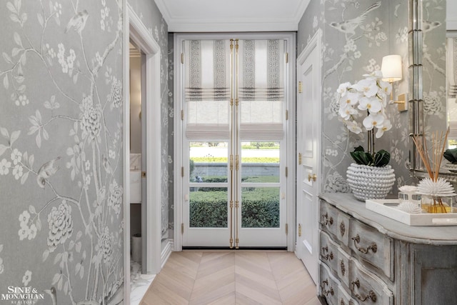 entryway featuring wallpapered walls and french doors