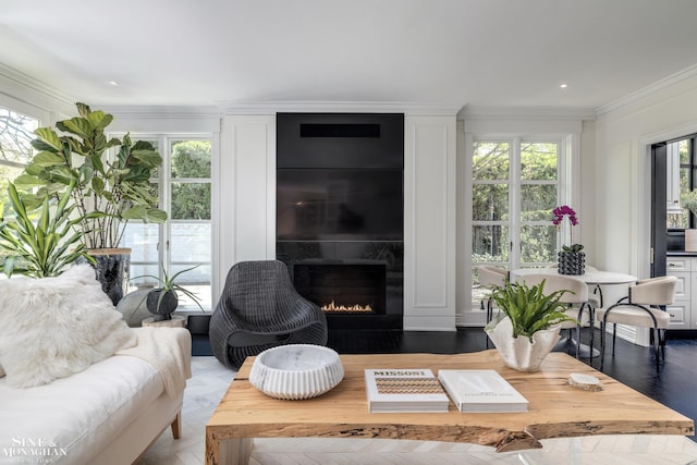 living room featuring ornamental molding and a fireplace