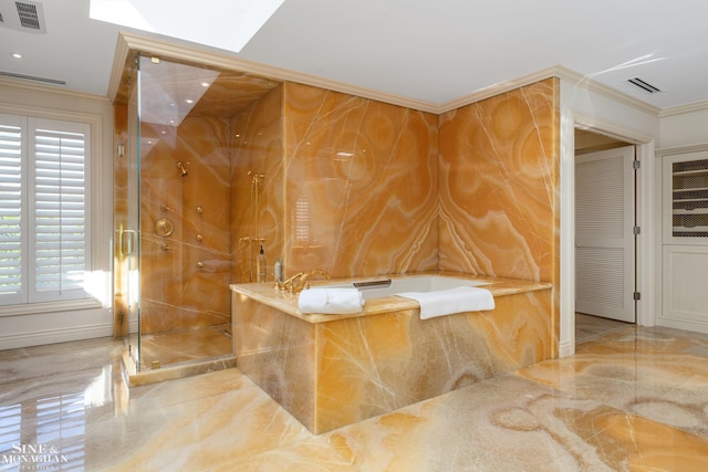 bathroom featuring crown molding, visible vents, and marble finish floor