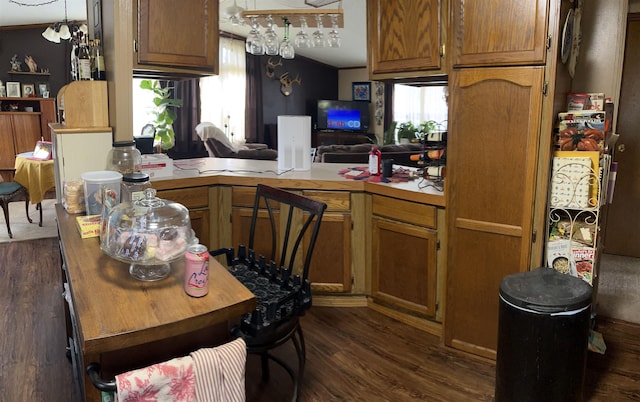 kitchen featuring brown cabinetry, a wealth of natural light, light countertops, and dark wood-type flooring