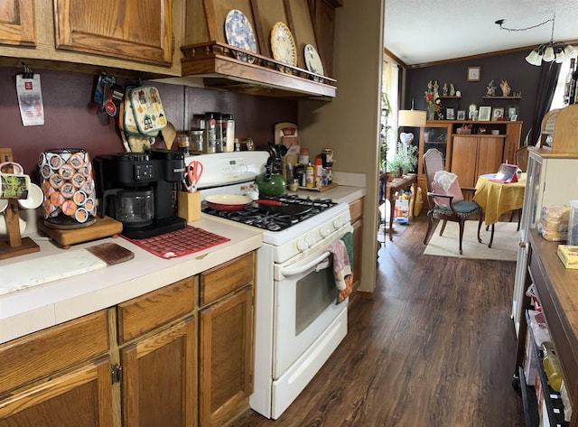 kitchen featuring gas range gas stove, light countertops, dark wood-style flooring, and brown cabinetry