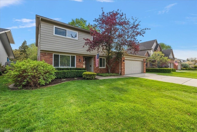 colonial house featuring a front lawn, driveway, brick siding, and a garage