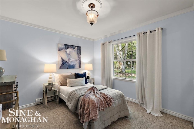 bedroom with carpet flooring, ornamental molding, baseboards, and a baseboard radiator