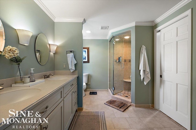 full bathroom with baseboards, crown molding, toilet, a shower stall, and tile patterned flooring
