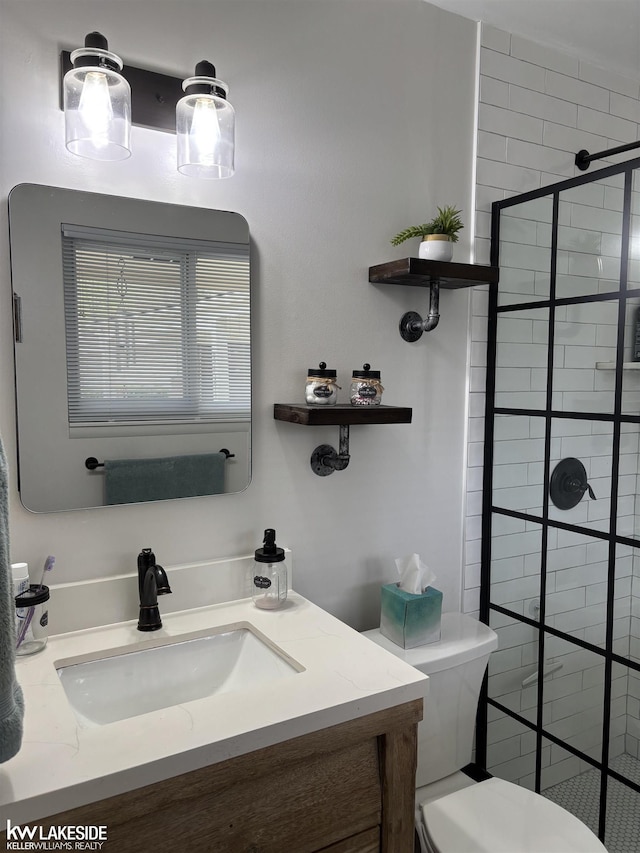 bathroom with walk in shower, toilet, and vanity