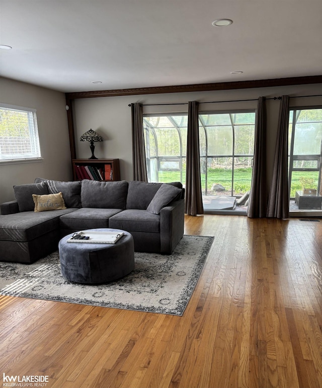 living area with hardwood / wood-style floors