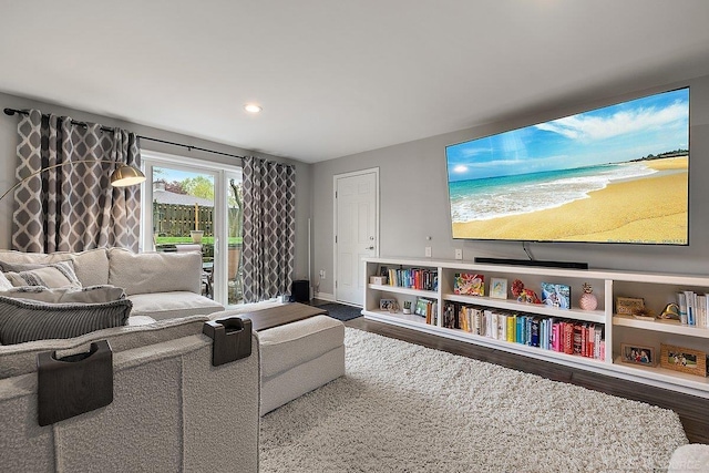 living area featuring wood finished floors, recessed lighting, and baseboards