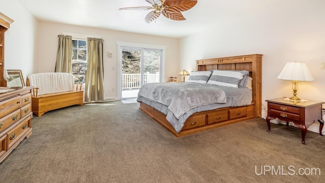 bedroom with access to outside, carpet, and a ceiling fan