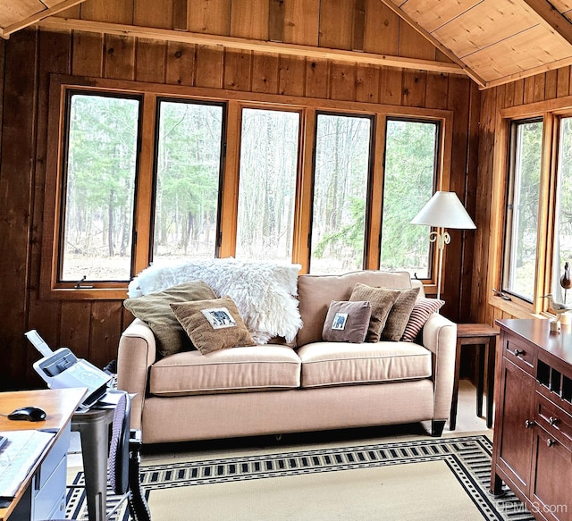 N15505 Black River Rd, Ironwood, MI 49938 - living room featuring healthy amount of natural light, vaulted ceiling, wood walls, and wood ceiling