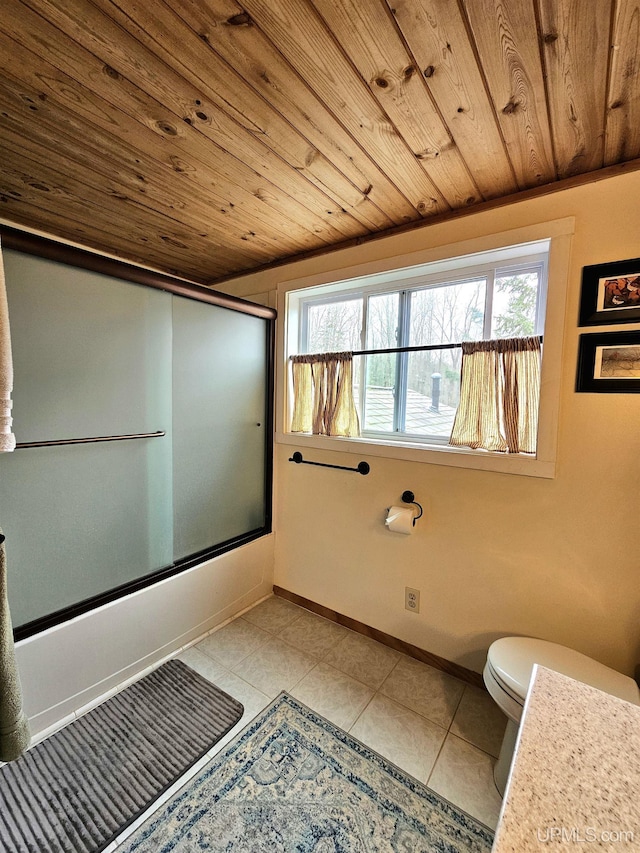 N15505 Black River Rd, Ironwood, MI 49938 - bathroom with wood ceiling, plenty of natural light, toilet, combined bath / shower with glass door, and baseboards