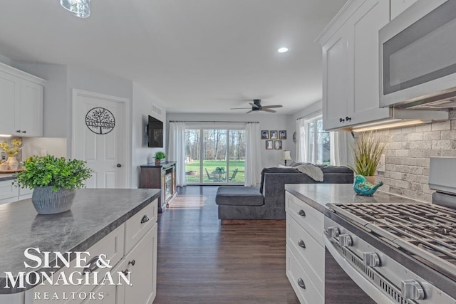 kitchen with appliances with stainless steel finishes, a ceiling fan, tasteful backsplash, dark wood-style floors, and white cabinets