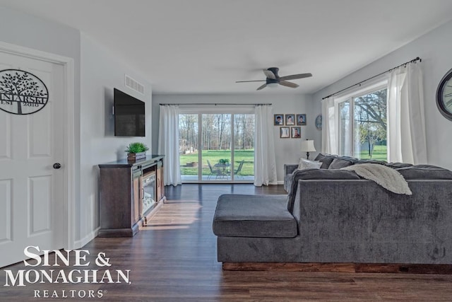living area featuring dark wood-style floors, healthy amount of natural light, ceiling fan, and a glass covered fireplace