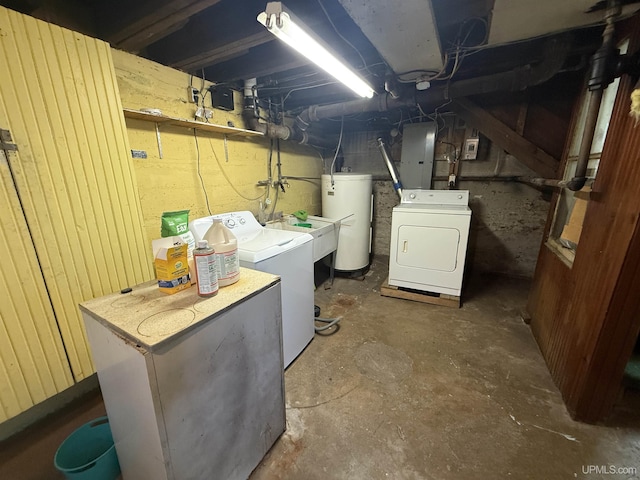 laundry area with washing machine and dryer, electric water heater, and electric panel