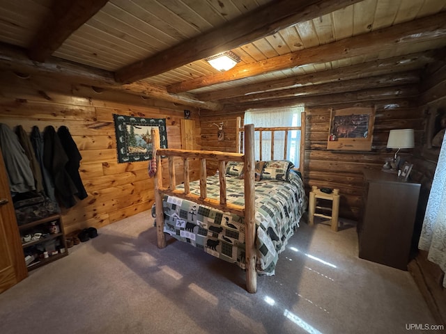180 Wpa Rd, Crystal Falls, MI 49920 - bedroom featuring wooden ceiling, beam ceiling, and rustic walls