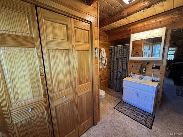180 Wpa Rd, Crystal Falls, MI 49920 - bathroom with wood walls, a shower with shower curtain, wood ceiling, toilet, and vanity