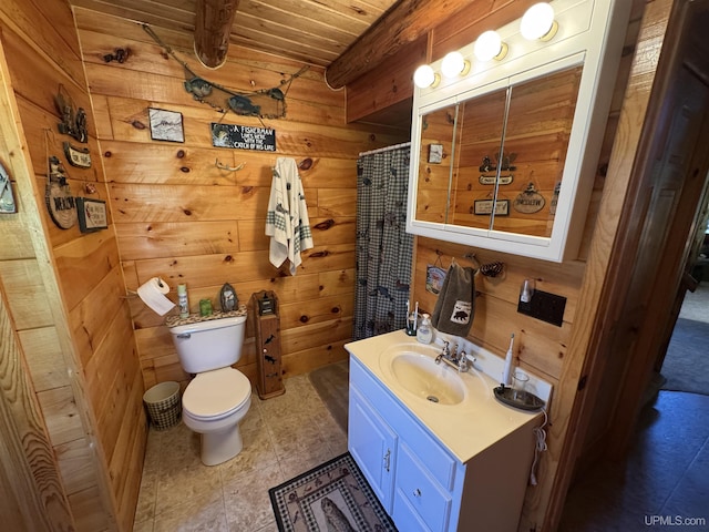 180 Wpa Rd, Crystal Falls, MI 49920 - full bathroom with toilet, beam ceiling, wooden walls, wooden ceiling, and vanity
