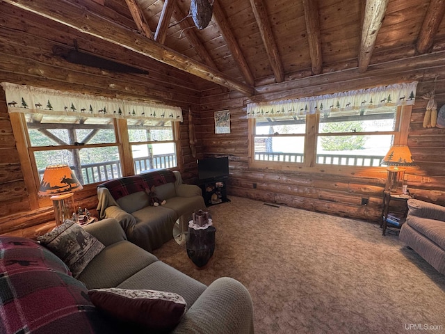 180 Wpa Rd, Crystal Falls, MI 49920 - carpeted living area with wooden ceiling and log walls