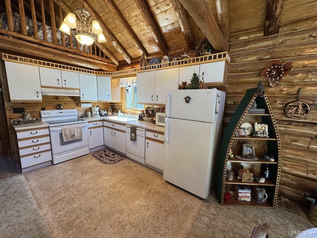 180 Wpa Rd, Crystal Falls, MI 49920 - kitchen with white appliances, wooden ceiling, under cabinet range hood, a sink, and light countertops