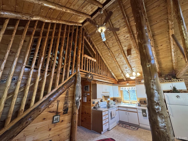 180 Wpa Rd, Crystal Falls, MI 49920 - kitchen featuring white appliances, wooden ceiling, light countertops, white cabinetry, and under cabinet range hood