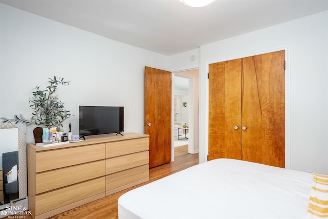 bedroom featuring light wood-type flooring and a closet