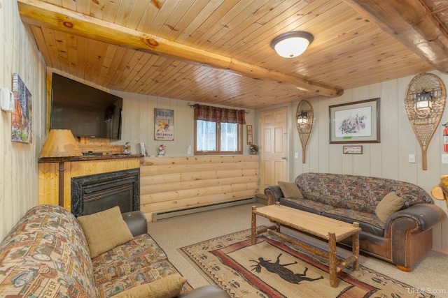 112 Little Deer Rd, Iron River, MI 49935 - living room featuring baseboard heating, carpet flooring, wooden ceiling, a glass covered fireplace, and beamed ceiling