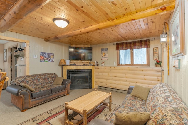 112 Little Deer Rd, Iron River, MI 49935 - living room featuring a baseboard heating unit, carpet flooring, a glass covered fireplace, beamed ceiling, and wooden ceiling