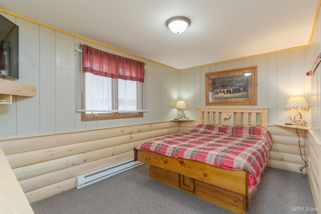 112 Little Deer Rd, Iron River, MI 49935 - bedroom with a baseboard heating unit, carpet flooring, and wooden walls