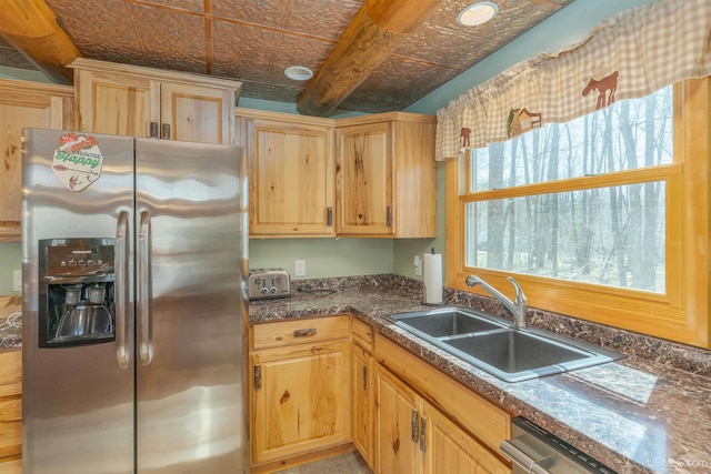 112 Little Deer Rd, Iron River, MI 49935 - kitchen featuring stainless steel appliances, a sink, an ornate ceiling, and light brown cabinets