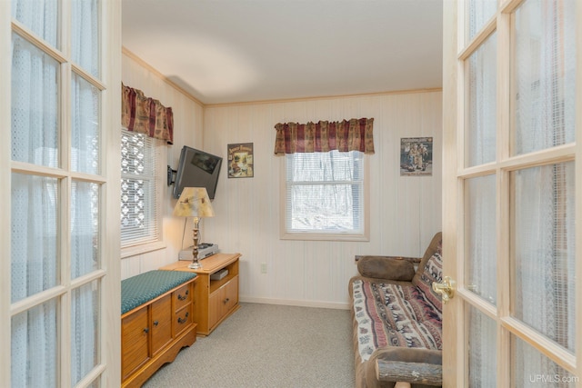 112 Little Deer Rd, Iron River, MI 49935 - living area featuring carpet flooring, baseboards, and ornamental molding