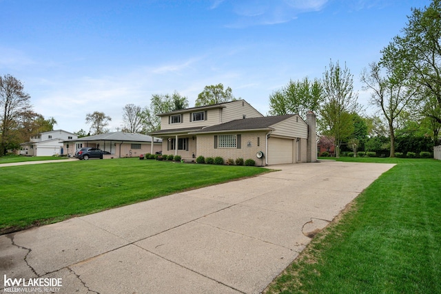 traditional-style house with an attached garage, a front lawn, brick siding, concrete driveway, and a chimney