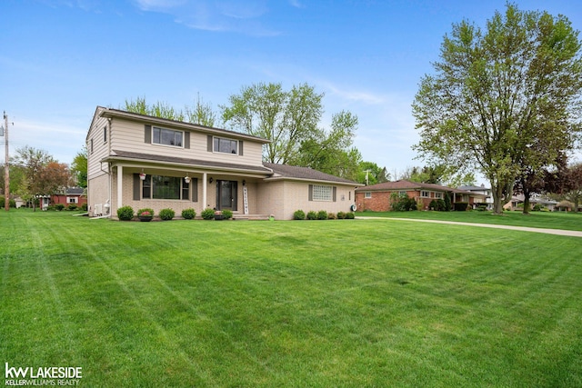 traditional home with a front lawn, brick siding, and a porch
