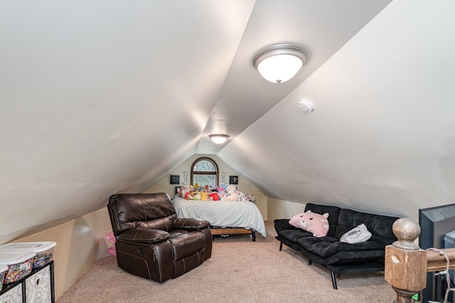 carpeted bedroom with lofted ceiling