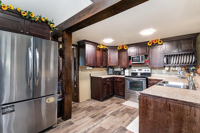 kitchen featuring stainless steel appliances, a sink, light wood finished floors, dark brown cabinetry, and light countertops