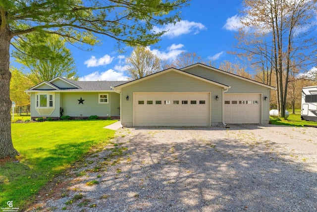 single story home with an attached garage, a front yard, gravel driveway, and a shingled roof