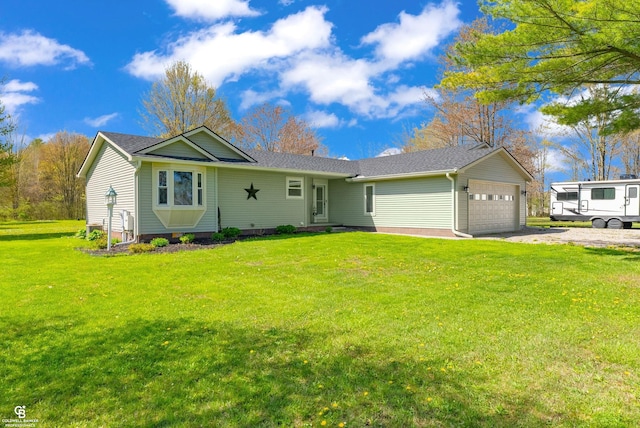 single story home with an attached garage, driveway, a front yard, a chimney, and a shingled roof