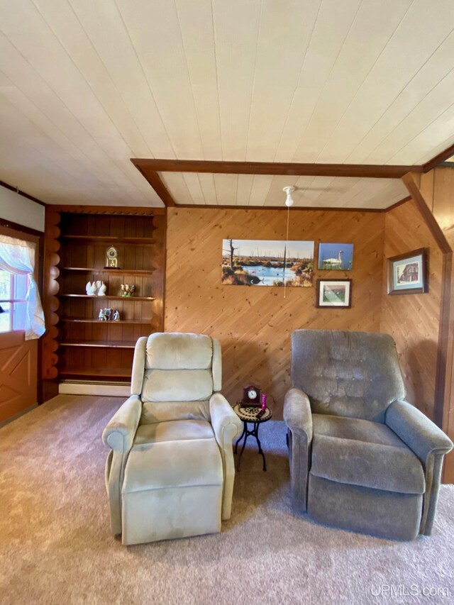 living area featuring wooden walls, carpet floors, baseboard heating, and wood ceiling