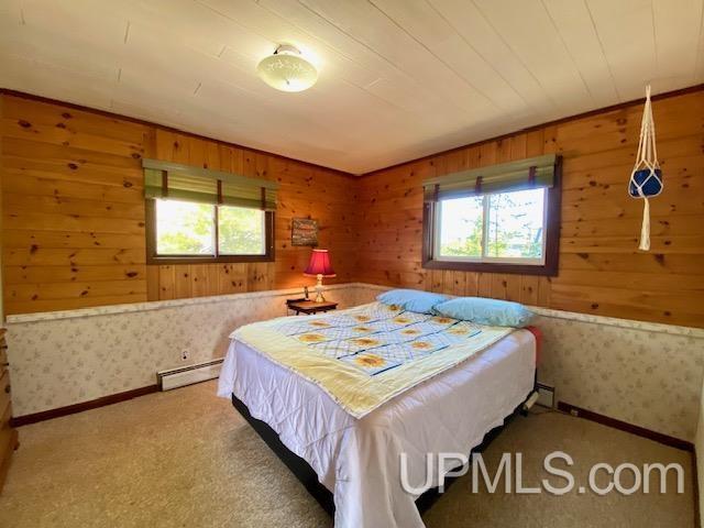 carpeted bedroom with multiple windows, a baseboard heating unit, and wood walls