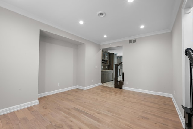 835 Crestwood Ln, Rochester Hills, MI 48309 - unfurnished living room with stairs, baseboards, light wood-type flooring, recessed lighting, and crown molding